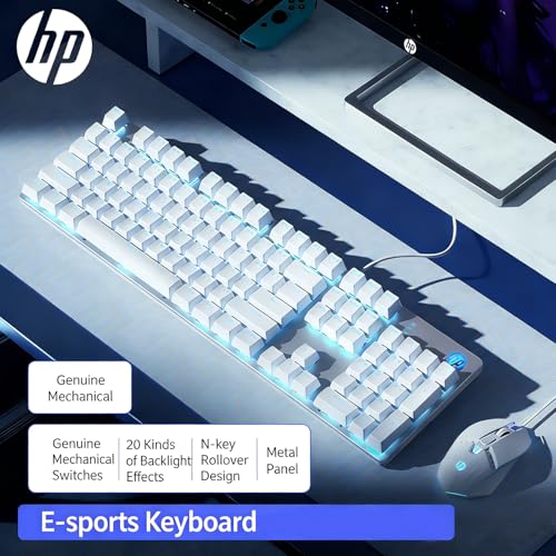 Image of HP GK400F Wired Mechanical Keyboard (Office /Gaming Dual-Use) - USB Wired Connection, Silver + White Color Scheme, 104-Key Layout, Brown Switches, Ice Blue Lighting, Top-Printed Keycaps, 26PN