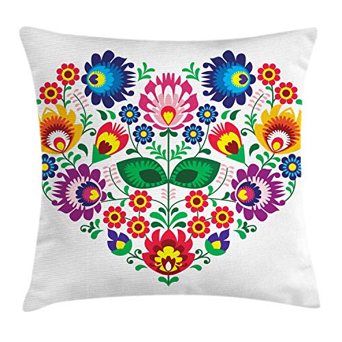 Ambesonne Polish Folk Art Throw Pillow Cushion Cover, Folkloric Slav Motif Graphic Shape as Heart with Colorful Spring Flowers, Decorative Square Accent Pillow Case, 18