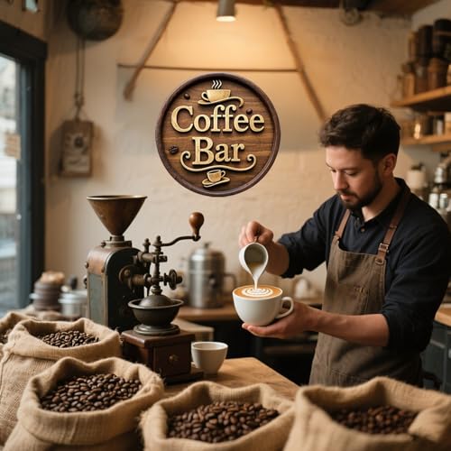 Image of Wooden Coffee Bar Sign Decor - Vintage Wall Decor & Coffees Station Accessories for Kitchen, Home, Office, Cafe - Housewarming Gift (Coffee Bar Sign)