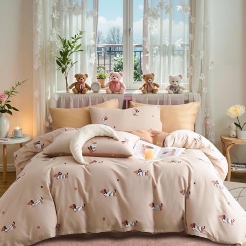 Tospass Baumwolle Bettwäsche 135x200 Dackel Khaki Bunt Dachshund Bettwäsche-Sets Mädchen Aesthetic Kinderbettwäsche ÖKO-TEX Deckenbezug 1 Bettbezug mit Reißverschluss und 1 Kissenbezug 80x80cm
