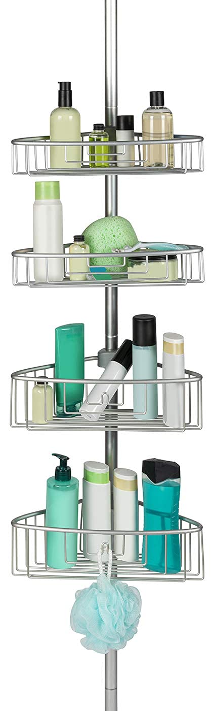 Kreher Teleskop-Duschregal Badregal Aluminium, ohne Bohren (Silber) | Rostfrei und höhenverstellbar bis 270 cm, einfache Montage per Federsystem, 4 verstellbare Körbe