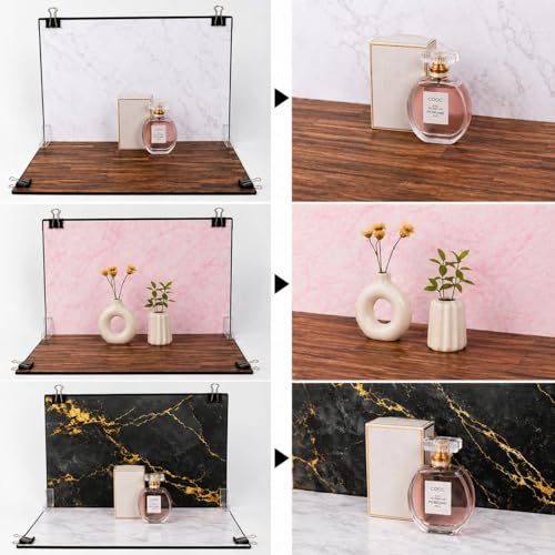 Image of SMILEDRIVE Backdrop with Stand Kit | 8 Styles (4 Double-Sided Sheets) | Professional Tabletop Photography Background Set | Silver Reflector & Black Diffuser Included