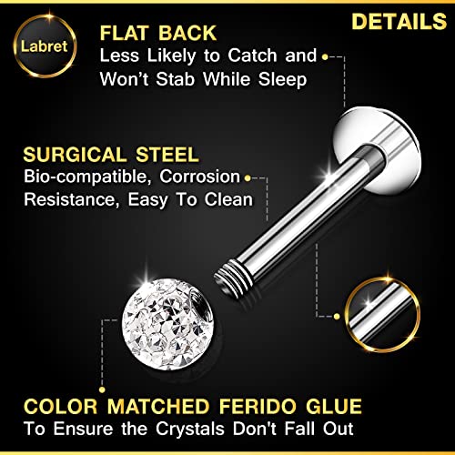 2PCS Stainless Steel Labret Lip Rings 16 gauge 5/16 8mm 3mm Crystal Ball Rim Earrings Auricle Piercing Jewelry Choose Colors3