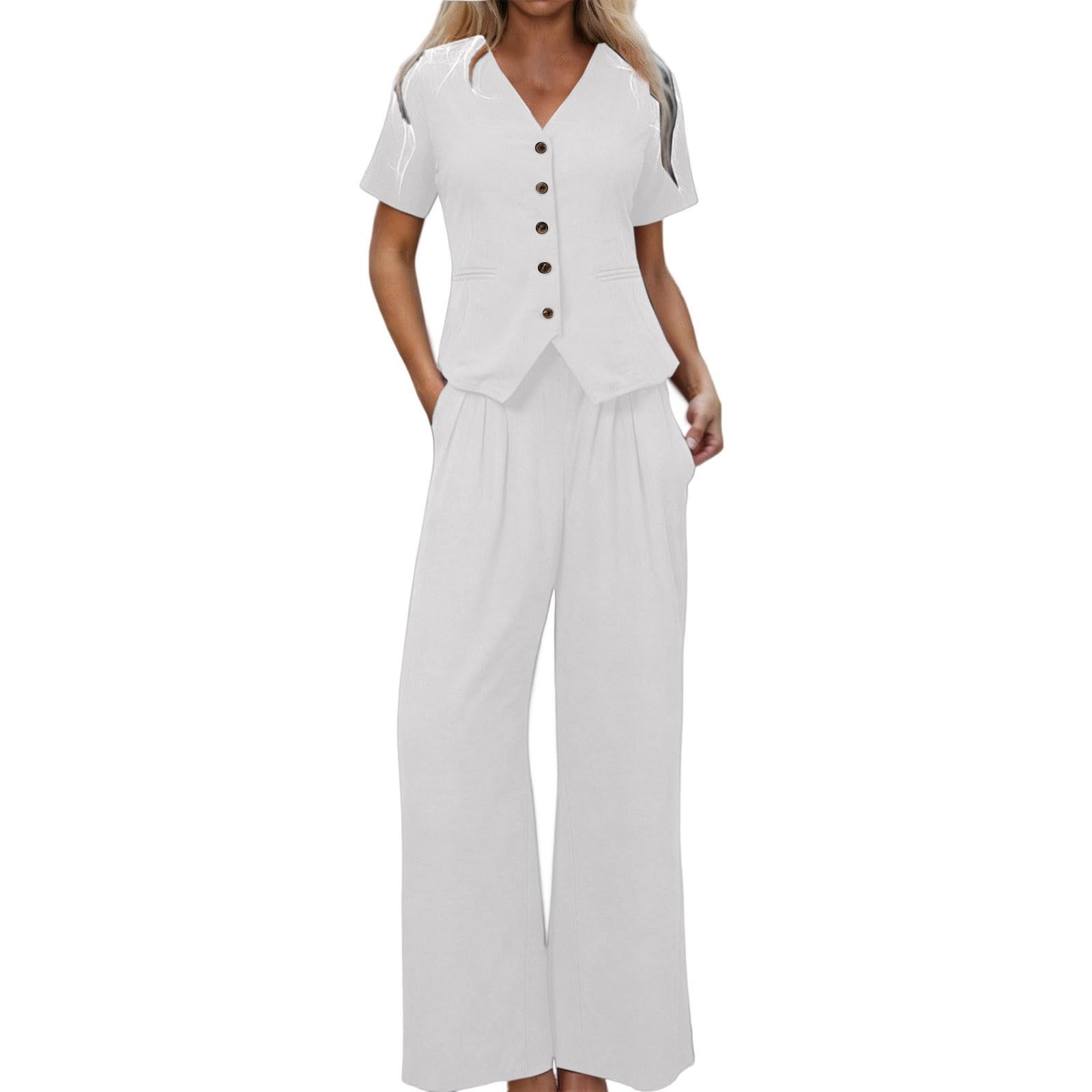 Generisch 2-teiliges Damen-Outfit aus Leinen, Sommer-Weste, Anzug-Set, weites Bein, Hose, Business, Freizeit, Urlaub, Arbeitssets