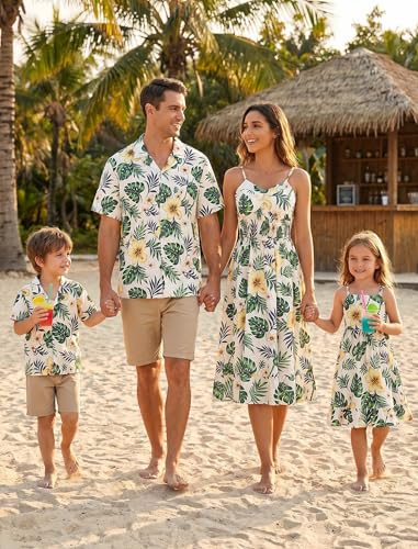 Image of AWIBMK Hawaiian Family Matching Outfits Mother Daughter Tropical Dresses Father Son Shirts for Beach Vacation Luau Party