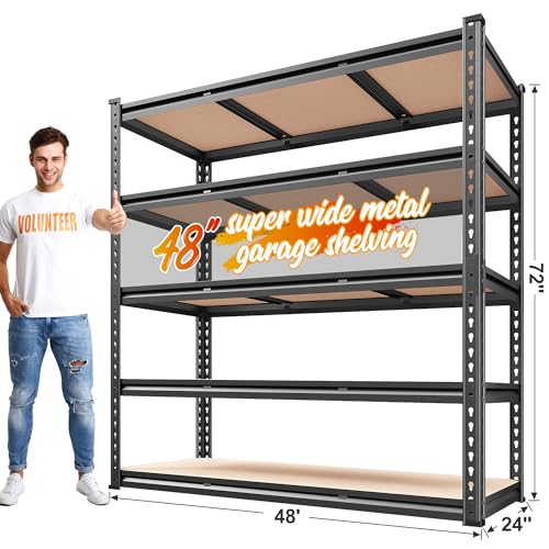 REIBII 48" W Garage Shelving Heavy Duty 3020LBS Storage Shelves 5 Tier Heavy Duty Shelving Adjustable Garage Shelves for Basement, Warehouse, Commercial, Easy Assemble, 48" W x 72" H x 24" D