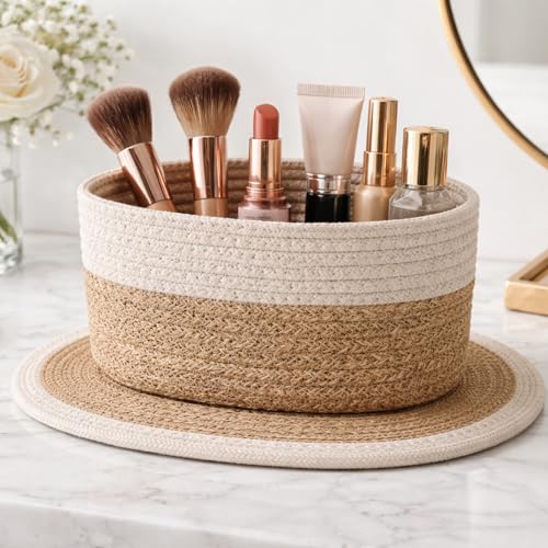 Image of Remote Stand for Table | Cotton Rope Storage Basket for Makeup Organisers, Coffee Table Organiser & Remote Holder for Living Room | Eco-Friendly Dual-Tone Organizer with Mat (Off-White & Beige)
