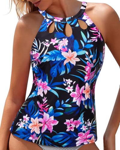 Image of Tempt Me High Neck Tankini Top Backless Bathing Suit for Women Key Hole Swimsuit Swim Top Only