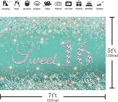 Hilioens 7×5Ft Teal Silver Sweet 16 Backdrop Girls Sixteen Birthday Party Decorations Silver Green Shiny Diamond Background Banner Supplies #TOP3