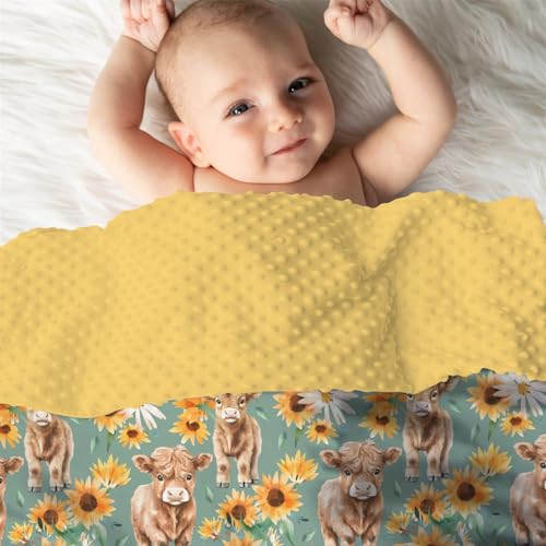 Image of Mink Baby Girl Blanket Highland Cow Sunflower, Western Cowgirl Calf Flower Soft Double Layer Dotted Backing Receiving Swaddle, Fall Autumn Newborn Infant Toddler Nursery Crib Bedding Shower Gift 30x40