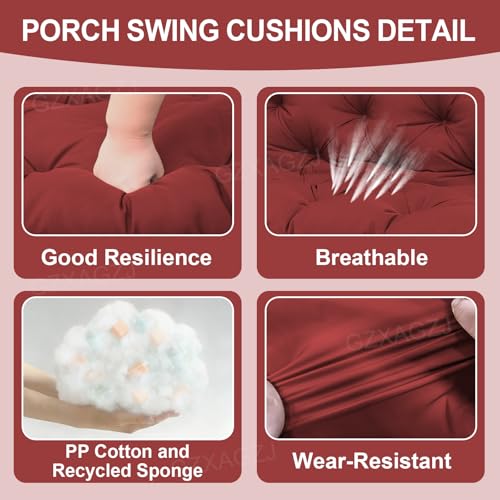 Image of Porch Swing Cushions Outdoor 60 inch Waterproof Swing Cushions 3 Seater Replacement with Backrest and Ties Thicken 5 inch Bench Swing Cushion for Outdoor Furniture Patio(Wine Red60x40x5inch)
