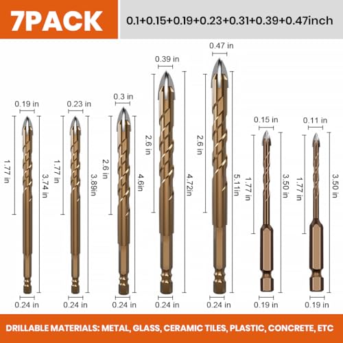 Image of Serplex 7pcs Drill Bit Set Alloy Steel Drill Bits 3mm to 12mm Hex Shank Drill Bits High Impact Power Drill Carbide Tips Concrete Drill Bit Set for Glass, Tile, Brick, Cement, Concrete, Plastic, Wood