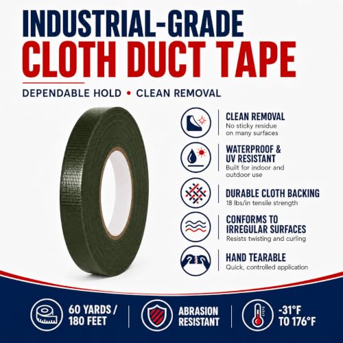 Image of GGR Supplies CDT-36 Industrial Grade Cloth Duct Tape, Olive Drab 1.5 Inch x 60 Yards, Waterproof UV Resistant Heavy Duty, Clean Removal with No Sticky Residue for Repairs, Packaging, and Bundling