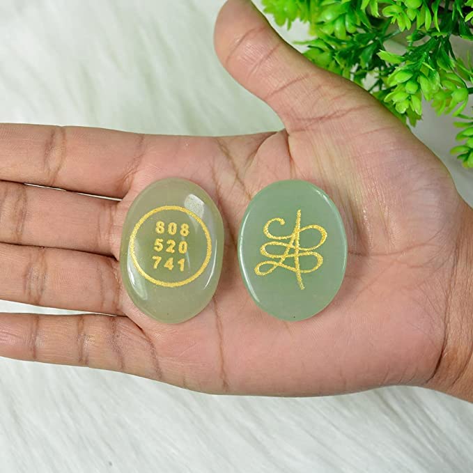 Image of Pre-Energized Natural Green Aventurine Zibu Coin to Attract Money Coin Cash flow and Wealth. Certified. Angle Number & Zibu Symbol of Abundance. Cabochon Oval Shape Feng Shui Both Side 1 Pc