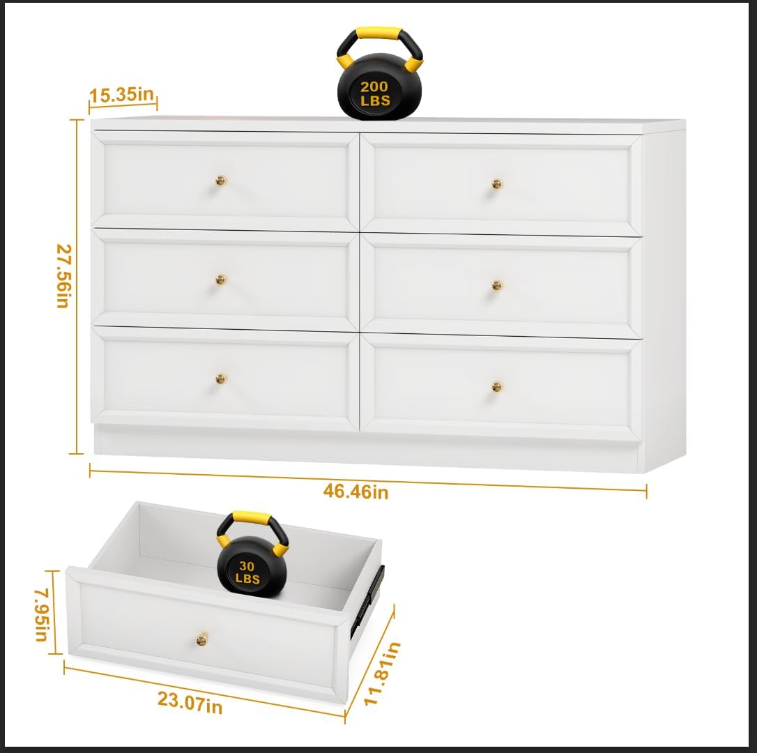 White 6 Drawer Dresser for Bedroom, 47" Modern Chest of Drawers TV Stand with Storage Organizer for Living Room, Hallway, Entryway (47" W x 15''D x 27'' H)