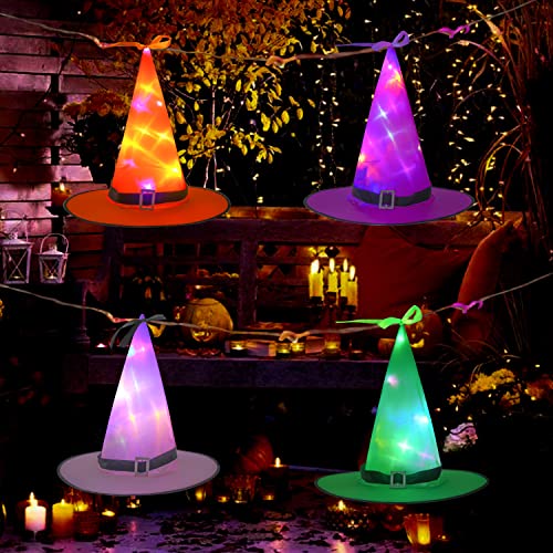 DIYASY Sombrero de bruja brillante de Halloween, 4 piezas de sombrero de bruja iluminado para niños, sombreros de bruja colgantes para decoración de fiesta de Halloween en interiores y exteriores Cover