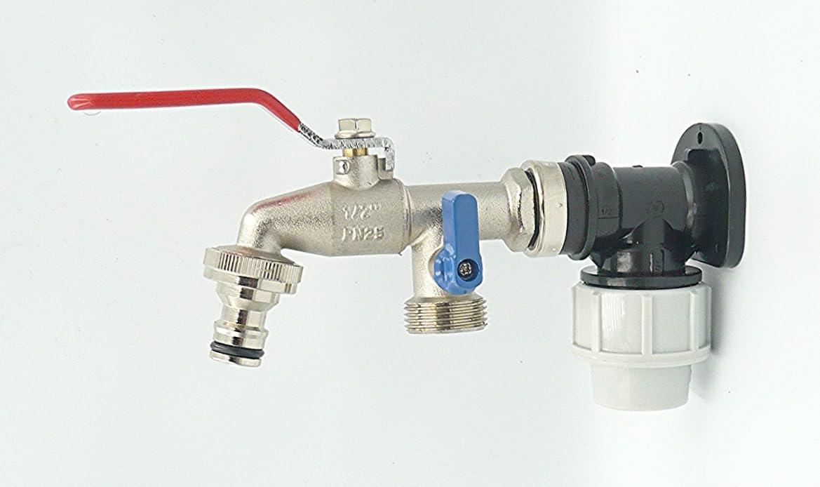 MDPE Compression Wall Plate Elbow (20mm) with 1/2" Nickel Plated Brass Double Outlet Lever Tap