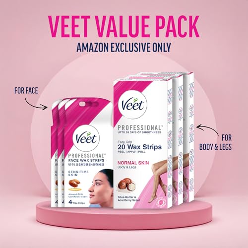 Image of Veet Full Body Waxing Strips Kit - Normal Skin, 20 Strips (Pack of 3) with Face Wax Strips, 4 strips (Pack of 3) | Painless, Quick & Gentle Hair Removal.