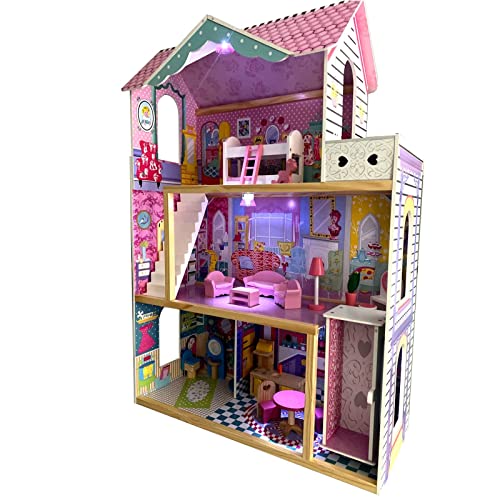 XXL Puppenhaus aus Holz mit Beleuchtung 18 Möbel 3 Ebenen 4 Zimmer Traumhaus mit Balkon und Aufzug 118 cm Höhe – Bild 3