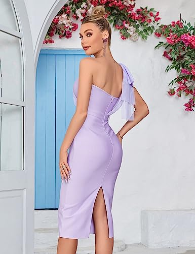 Image of Mesh One Shoulder Bow Bodycon Midi Graduation Birthday Dinner Dress Bandage Party Dress