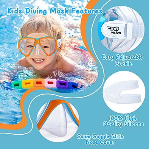 Kids Snorkel Diving Mask 180° Anti-Fog Child Swim Mask, Tempered Glass Swim Goggles With Nose Cover Anti-Leak Swim Goggles For Swimming Diving Snorkeling For 4-14 Boys Girls Youth (Orange) #TOP3