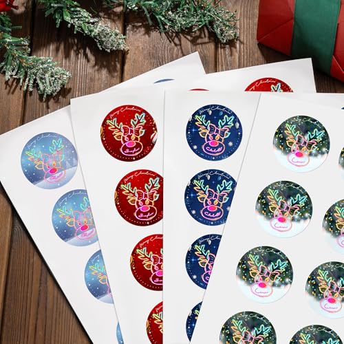 Image of Personalized Christmas Stickers - Custom Name Waterproof Christmas Gift Tags for Gift Box Xmas Holiday Decorations Party Favors - 30 Stickers (Neon Reindeer)