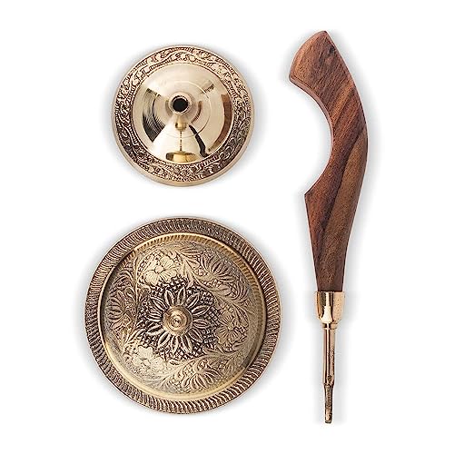 Image of Alodie - Brass Sambrani Stand & Loban Dhoop Dani Burner with Wooden Handle for Kapur - Sambrani Dhoop Holder Pooja Items for Home (Medium 9x3.5x2.8)