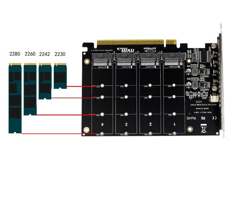 PCIe 4.0 Quad NVMe Adapter Card, 4-Port M.2 SSD Controller, x16 Quad PCI-e 4.0/3.0 x16 Expand Controller Card (PCI-e Bifurcation Required)