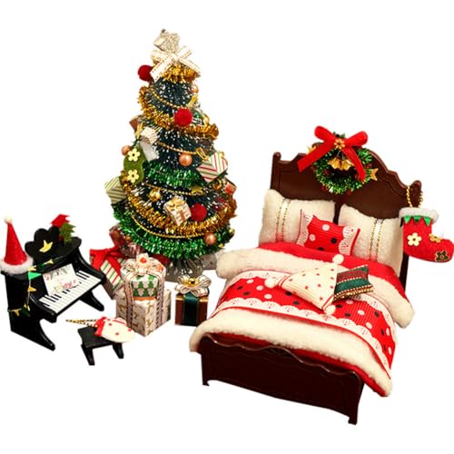 Mini accesorios de madera de Papá Noel danés, decoración navideña, accesorios de casa de muñecas en miniatura Navidad, bricolaje muebles de Navidad cama árbol de Navidad piano miniatura set de navidad