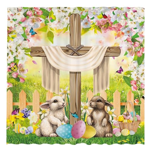 Funnytree 72"x72" Easter Whises He is Risen The Cross On Spring Floral Scene Home Bathtubs Shower Curtain for Bathroom Decor Machine Washable (Hooks Not Included)