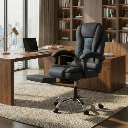 Image of Casa Copenhagen Italia Leatherette Office Chair for Work | Boss Chair, Ergonomic Executive, Luxurious Cushioned Arms & Seat, 2 Point Back Massager, Adjustable Leg Rest, Heavy Duty Metal Base (Black)