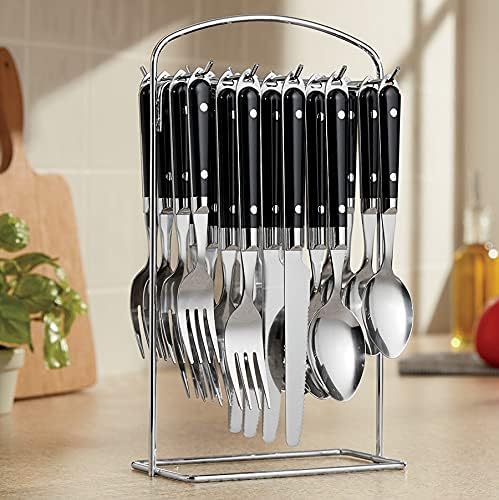 Montgomery Ward Juego de cubiertos colgantes de 20 piezas con estante, negro, elegantes utensilios de acero inoxidable (negro)