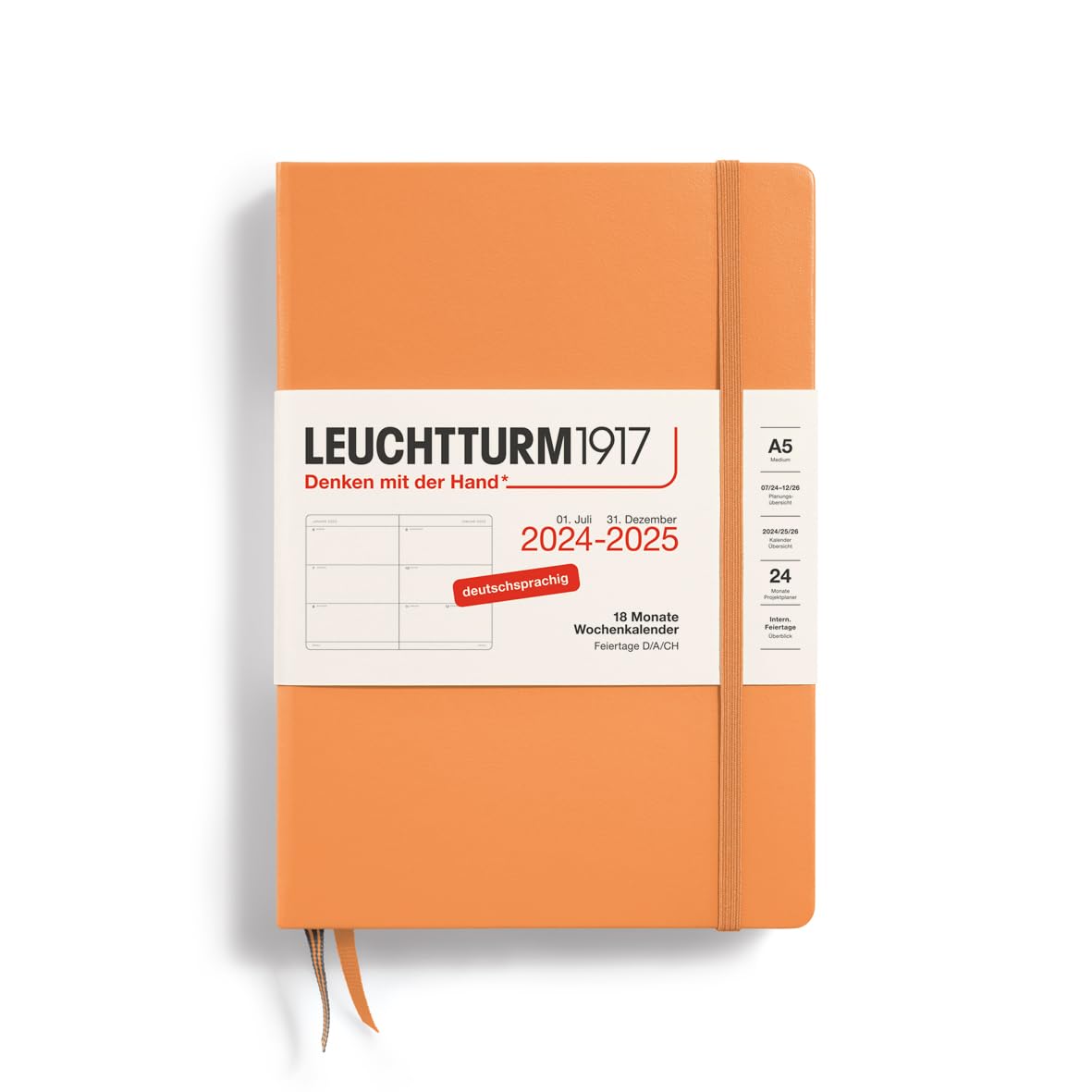 LEUCHTTURM1917 370628 Weekly Planner 2025, Medium A5 Hardcover - 18-Month Planner, 80 g, Lined - Apricot, Medium (A5)