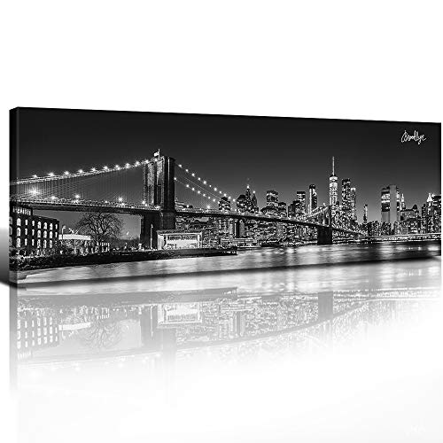 Brooklyn Bridge Decor Skyline Night Panorama Canvas Wall Art Black and White Building Night View Print Painting Urban Landscape Picture Modern Home Framed Decoration Artwork 8" x 28" x1