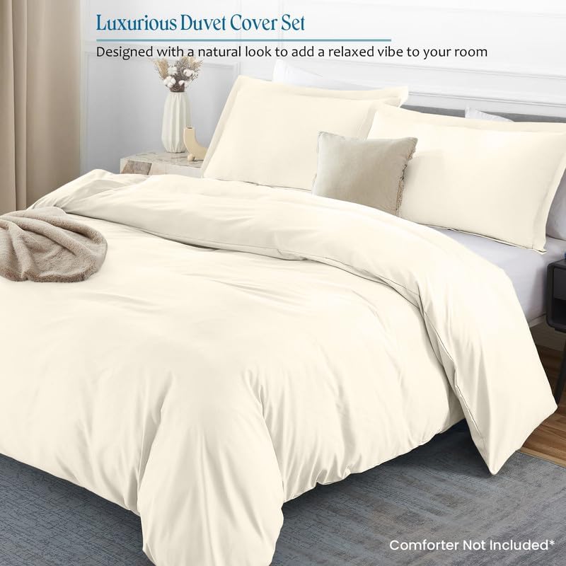 1-Piece King Size Duvet Cover Only, 90" x 102", 100% Egyptian Cotton, 600 Thread Count, Ivory Solid, Zipper Closure, Lightweight Cooling Duvet Cover, Soft Breathable Bedding