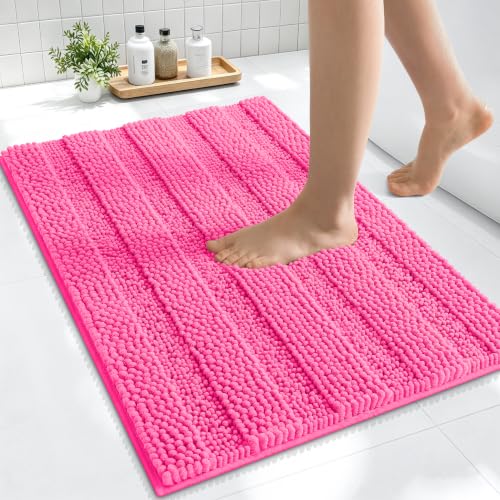 Image of Smiry Thick Small Chenille Bathroom Rugs 24x16, Soft Bath Mat, Hot Pink | Quick‑Dry & Machine Washable, Non‑Slip Bath Carpet, Striped Bath Rugs for Tub & Shower, Modern Home Decor Accessories