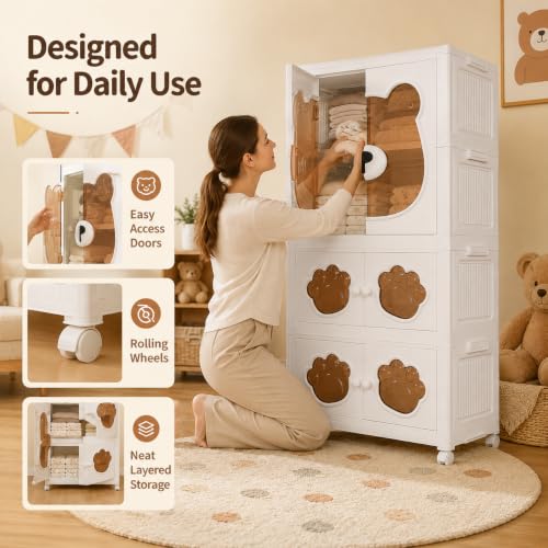 Image of KRISHYAM 3-Tier Kids Plastic Wardrobe, Hanging Rod & Wheels, Bear Paw Design Multipurpose Clothes & Toy Storage Cabinet, 123 x 69 x 32 cm