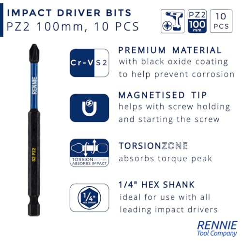10 x Rennie Tools 100mm Long PZ2 Impact Screwdriver Driver Bits Set. Heavy Duty PoziDriv POZI No.2 Magnetic Screwdriver Bit Set. PZ2 Impact Driver Bits Pozidrive Screw Accessories. Black Oxide Coated 3 10 x Rennie Tools 100mm Long PZ2 Impact Screwdriver Driver Bits Set. Heavy Duty PoziDriv POZI No.2 Magnetic Screwdriver Bit Set. PZ2 Impact Driver Bits Pozidrive Screw Accessories. Black Oxide Coated - Image 3