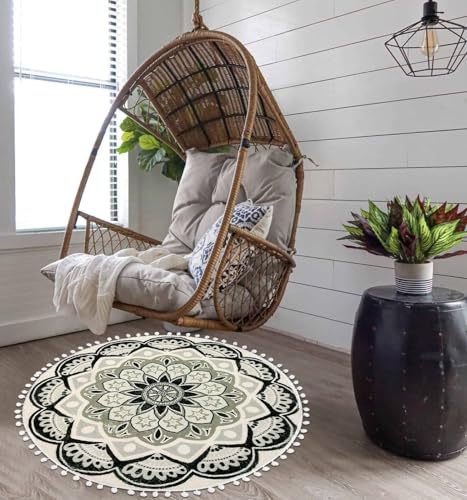 Uphome Round Rug 3Ft Black Mandala Boho Rug With Pom Pom Fringe Non-Slip Washable Circle Bath Mat Soft Cute Blooming Medallion Throw Rug For Entryway Bedroom Powder Living Room Nursery thumb #6