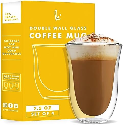 Kitchables Double Wall Glass Coffee Mugs Set of 4, 7.5oz without Handle Insulated Glass Coffee Mug without Handle, Clear Coffee Mugs, Tasas Transparente Para Café Bonitas