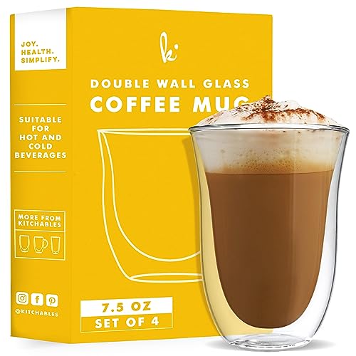 Kitchables Double Wall Glass Coffee Mugs Set Of 4, 7.5Oz Without Handle Insulated Glass Coffee Mug Without Handle, Clear Coffee Mugs, Tasas Transparente Para Café Bonitas #TOP23