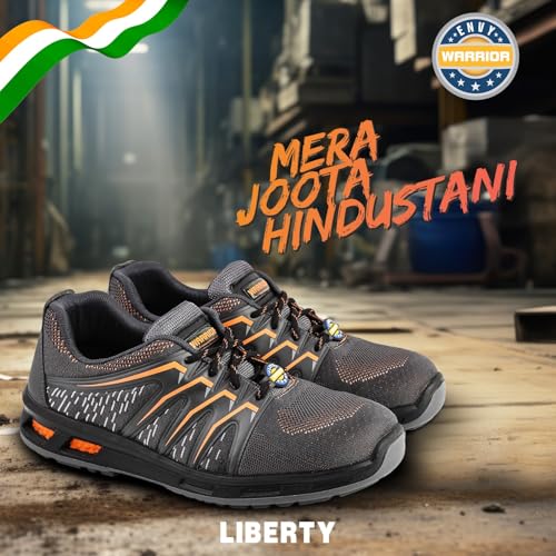Image of Liberty Warrior 3004-28 Safety Shoes for Men, Genuine Leather, Light Weight, Fibre Glass Toe, Industrial Shoes for Men, Orange & Blue, Sizes-5UK-11UK