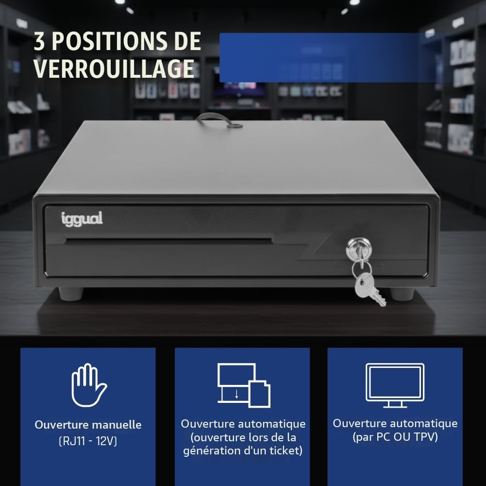 iggual Tiroir-caisse IRON-10 Caisse Enregistreuse Acier ABS 4 Billets 6 Pièces Serrure 3 Positions Noir 38x33,5x8