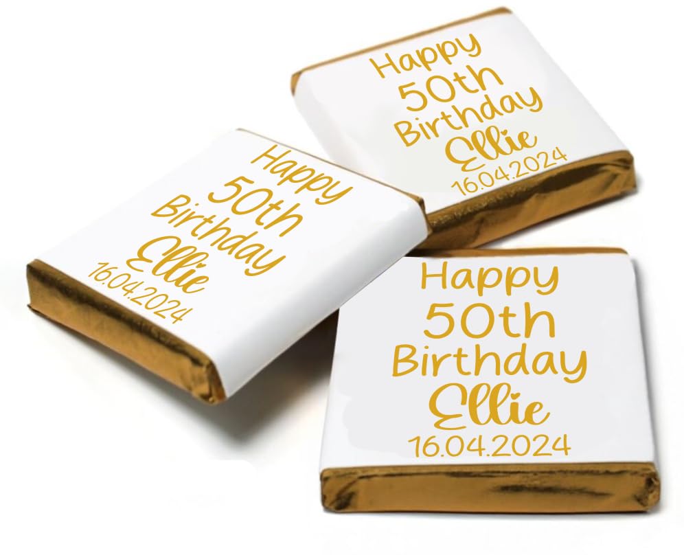 Personalised Written Chocolate Neapolitan Squares Wedding Party Favour Birthday Gift Anniversary Baby Shower Christmas Easter Halloween Valentine Eid Diwali Custom Own Design (10 Gold Foil)