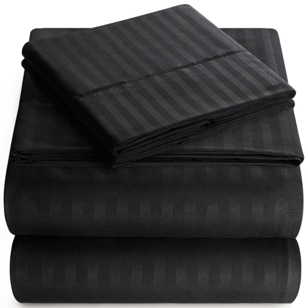 Queen Italian Prestige Collection - Set di lenzuola a righe in microfibra morbida di lusso, con tasca profonda, 4 pezzi, resistente alle pieghe, alle macchie, allo sbiadimento, colore: nero