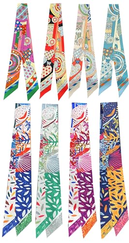 8 Pack Purse Scarf for Bags Silk Head Scarf for Hair Handbag Floral Print Hair Band Waistband Bag Handle Accessory