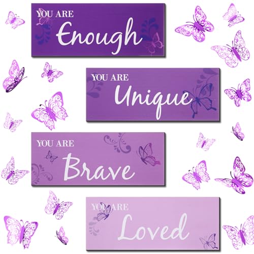Blulu 4 Pcs Butterfly Inspirational Quotes Wooden Wall Decor and 3D Butterfly Wall Decor Girls Room Inspirational Gift for Teen Girls Women Room Nursery Bedroom Bathroom(Purple)