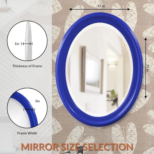 Image of Howard Elliott Collection George Oval Glossy Royal Blue Wall Mirror, Oval Bevelled Hanging Wood Framed Vanity Mirrors for Home Decor, Living Room, Bathroom, Bedroom, or Hallway, 25 x 33 Inch