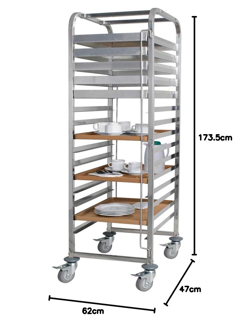 BRB Tablettwagen/Abräumwagen aus Edelstahl, für 15 Tabletts oder Backbleche, BxTxH 620x470x1735 mm, 4 Gummilenkrollen mit Feststellbremse