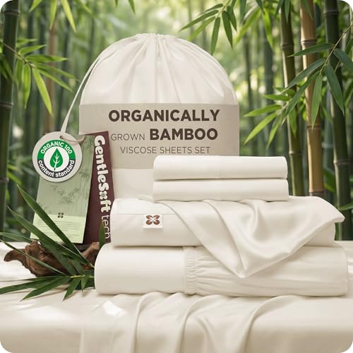 Image of Bedsure 100% Organically Grown Bamboo Viscose King Size Sheets Set | Cooling Bedsheets for Hot Sleepers | Luxury Silky Soft | 18 inch Deep Pocket with Corner Straps | Oeko-Tex Certified [Beige]
